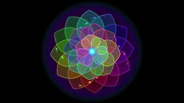 Abstract rainbow lotus mandala flower glowing animation with neon light colors pattern geometry symmetric spiritual meditation kaleidoscope colorful vibrant art design background motion graphic visual