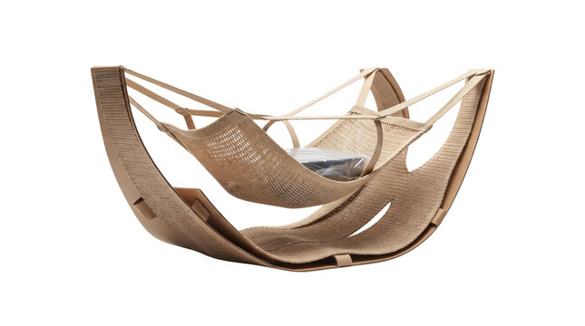 Modern designer hammock with curved wooden frame, luxury outdoor lounge furniture, minimalist hanging daybed isolated on white background