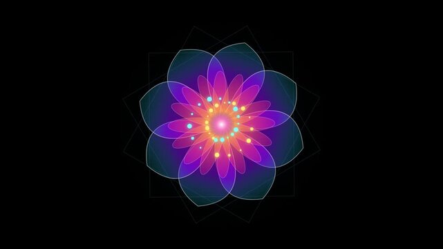 Abstract Glowing Lotus Flower Animation with Rotating Neon Petals on Black Background mandala kaleidoscope floral geometric symetry colorful vibrant pink blue purple yellow orange particles lights