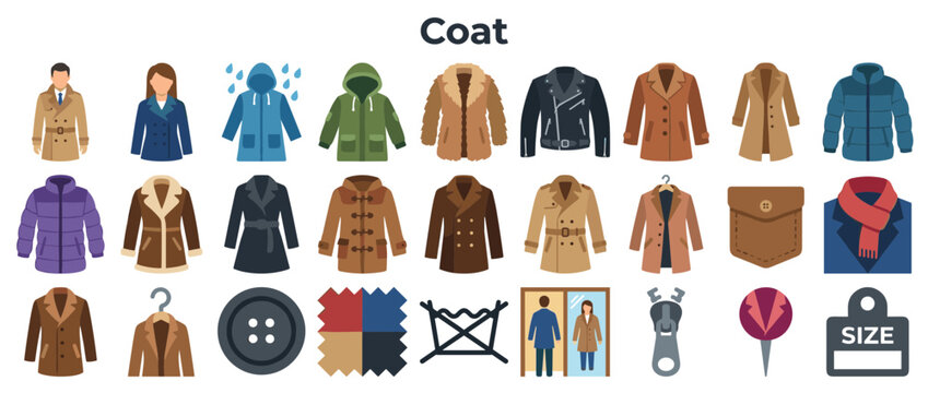 Set of 26 vector icons featuring various types of coats jackets and outerwear fashion accessories