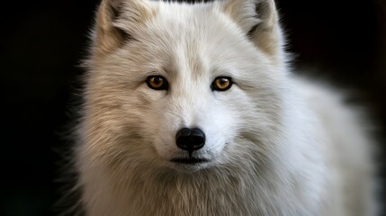 Fototapeta premium A close up portrait of a white fox with golden eyes set against a dark background showcasing its fluffy fur and alert expression