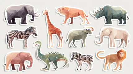 Fototapeta premium Collection of polygonal wild animals stickers including elephants, zebras, and lions