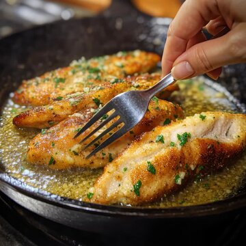 Golden brown chicken breasts cooking in a sizzling garlic butter and herb sauce in a cast iron skillet