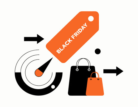 Black Friday compass pointing toward a giant discount tag, shopping bags, arrows, minimal vector.