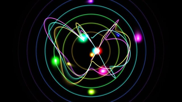 Abstract Atomic Structure Animation with Glowing Neon Rings and Particles atom science physics quantum orbits electrons nucleus chemistry energy light colorful motion graphics futuristic technology