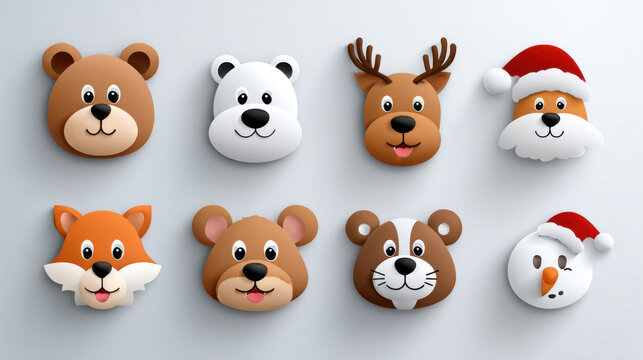 Cute 3D animal and winter character icons set featuring bears, fox, reindeer, and snowman