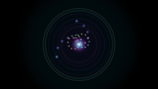 Abstract atom model animation with glowing particles orbiting in concentric circles on dark background particle science physics chemistry quantum nucleus orbit electrons proton neutron microscopic