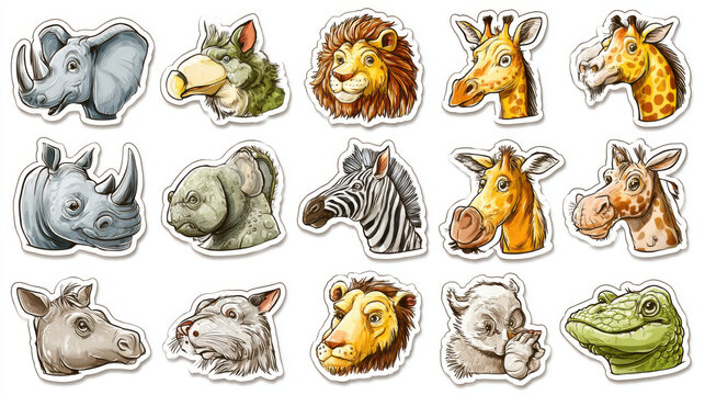 Collection of cute and funny cartoon wild animal stickers including lions giraffes and rhinos