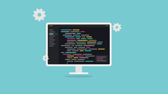 Computer monitor with colorful code editor lines and rotating gears on teal background, software development build animation
