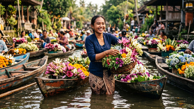 Mulher vendendo flores de barco