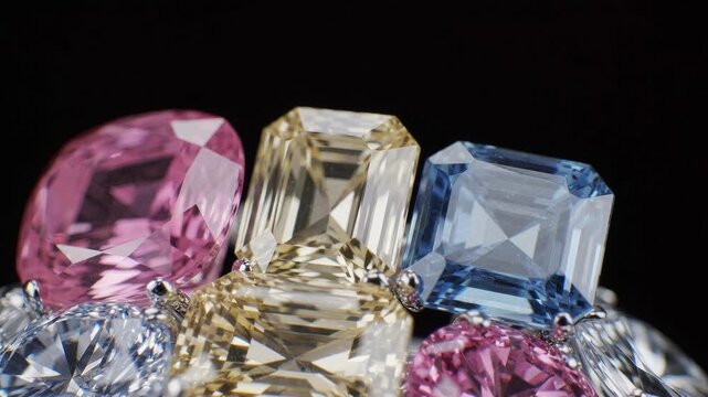 Pile of colorful precious gemstones rubies sapphires and emeralds