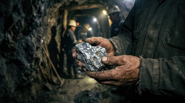 A close-up of a Peruvian miner's hands, dirty and strong, holding a chunk of silver ore in a high-altitude mine in the Andes.