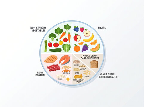 Healthy Plate Infographic Displaying Balanced Diet Proportions with Vegetables, Fruits, Grains, and Proteins