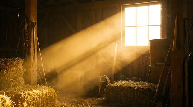 Golden sunlight streaming through barn window with dust motes and hay bales light rays old barn shafts of light farm life rustic decor sunlight sunbeams agriculture interior countryside