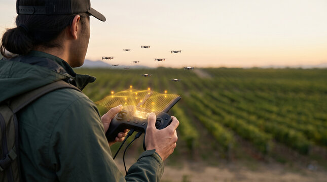 Faceless farmer operating drone swarm with glowing yellow holographic network on remote controller over green field at sunset for smart agriculture
