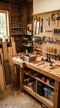 Artisan Joinery Workspace with Timber Planks Hand Planes and Clamps