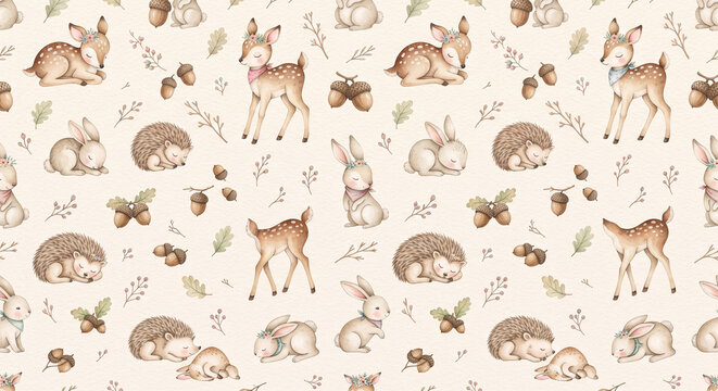 Cute Watercolor Seamless Pattern of Woodland Animals on Warm Oat Background