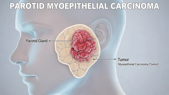Labeled 3D medical illustration of Parotid Myoepithelial Carcinoma, human head anatomy showing malignant tumor in parotid salivary gland