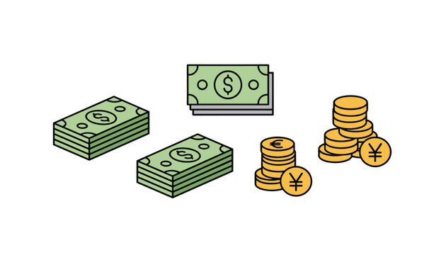 Cash and coins illustration showing stacks of dollar bills, euro, and yen coins, financial vector concept.
