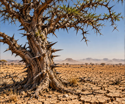 Thorny Acacia Tree Surviving Severe Drought on Cracked Dry Land