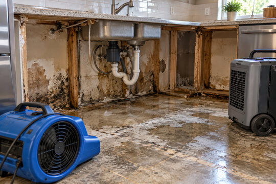 Water Damage Restoration After Kitchen Flood With Air Movers and Dehumidifier
