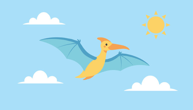 Cute cartoon pterodactyl dinosaur flying through a bright blue sky with a glowing yellow sun and fluffy white clouds.
