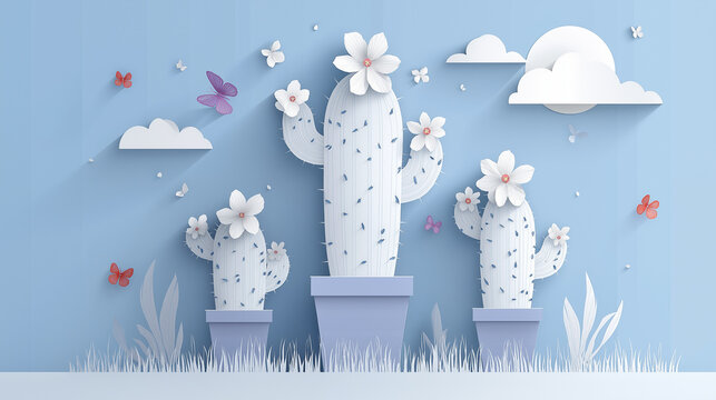 Paper Art Cactus Garden with White Flowers, Butterflies and Blue Sky Background