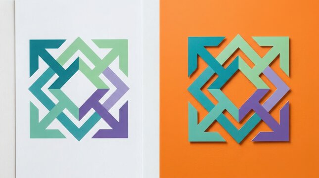 Abstract geometric square icon with intersecting arrows pointing in four directions in color