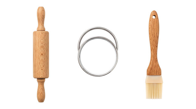 Three pastry making tools small rolling pin dough cutter and basting brush isolated element on transparent background