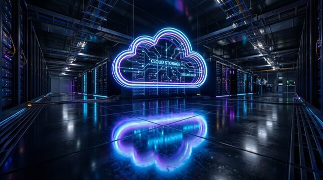 Futuristic illuminated cloud storage system in high tech server room with glowing data pathways