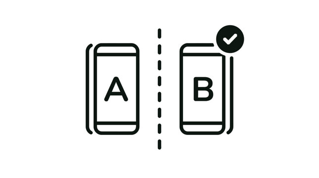 Mobile application split testing comparison graphic featuring phones labeled A and B with a checkmark symbol on white background