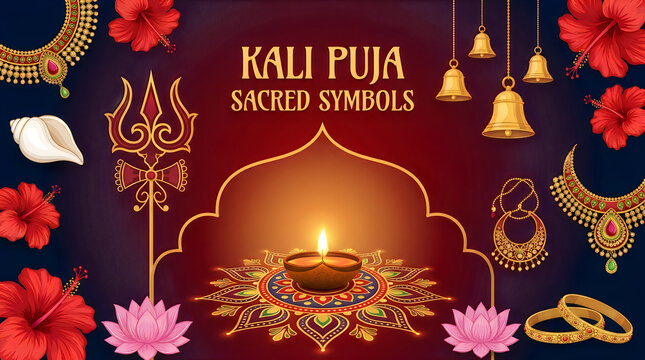 Kali puja sacred symbols with golden decorations Vector