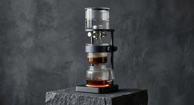 Modern cold brew coffee maker on dark stone pedestal with glass chambers