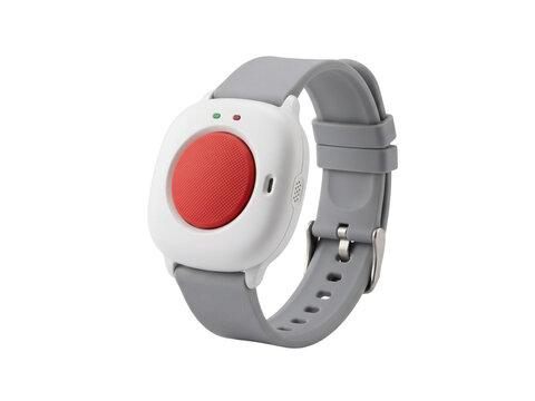 Medical emergency alert watch with a red button isolated on a white background