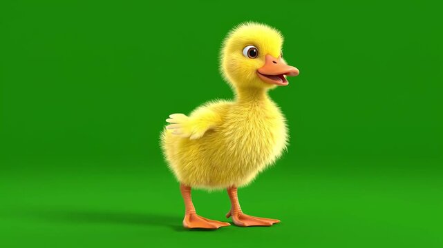 Cute yellow baby duckling walking isolated on bright green screen background