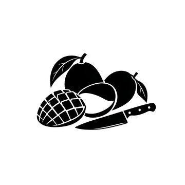 Fresh sliced mango fruits with leaves and kitchen knife icon food vector tropical fruit cutting fruit exotic fruit black silhouette chef tool