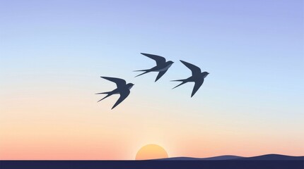 Obraz premium Silhouette of Birds Flying at Sunset Over Serene Horizon
