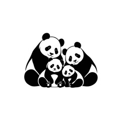 Group of four giant pandas sitting together in a stylized black and white illustration with giant panda family cute animals vector illustr © Rasel