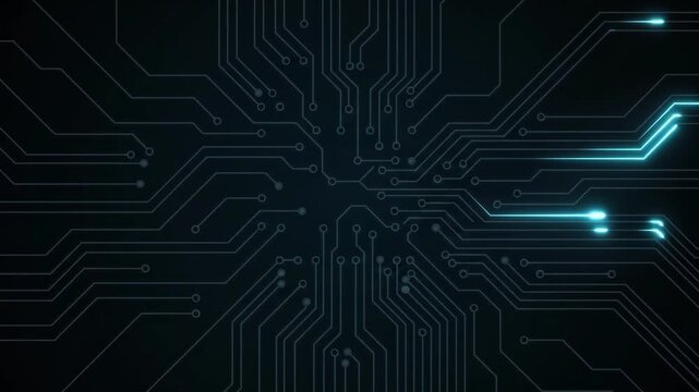 A dark, intricate circuit board pattern with glowing blue lines representing data flow and digital technology.