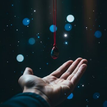 A hand reaching upward towards floating orbs of light in darkness