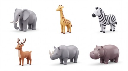 Fototapeta premium Collection of Colorful Animal Toys Featuring Elephant Giraffe Zebra Reindeer Rhino and Hippo on White Background