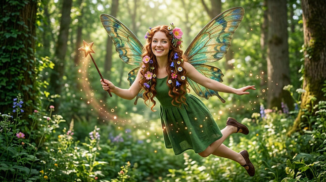 Beautiful Enchanted Forest Fairy Flying with Magic Wand and Butterfly Wings