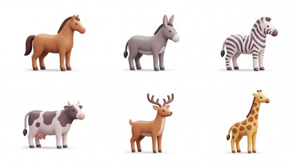 Fototapeta premium Set of Six Colorful Cartoon Animal Figures Including Horse Donkey Zebra Cow Reindeer and Giraffe on White Background