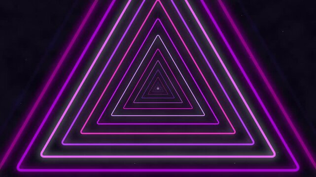 Retro neon triangle tunnel loop, digital abstract background with purple and pink glowing geometric shapes, motion graphic
