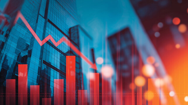 Economic Crisis Concept with Red Downward Arrow and Declining Stock Market Graph in Blue City Background