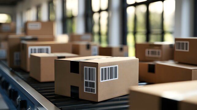 Cardboard boxes with barcode labels moving along a conveyor belt in a warehouse with large