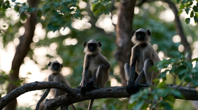 Three langur monkeys sit calmly on a tree branch surrounded by green foliage in a forest setting