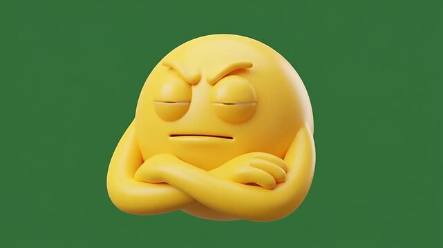 3d emoticon with angry face and crossed arms on green background