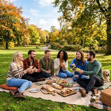 Diverse group of friends enjoying a picnic in a park during autumn.