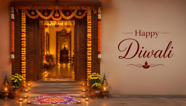 Decorated entrance with oil lamps and traditional floral rangoli for happy diwali festival celebration